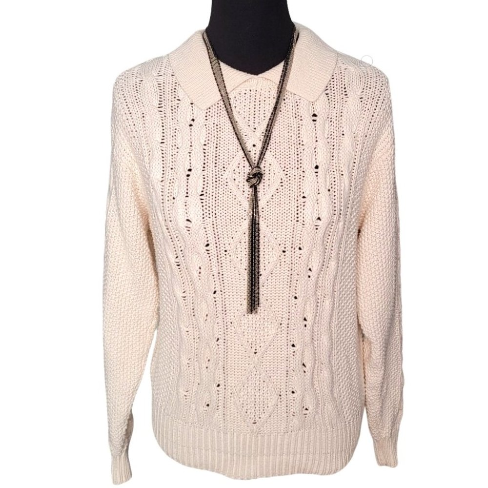 Liz Claiborne Ivory Cable Knit Silk Blend Sweater With Peter Pan Collar – Size M